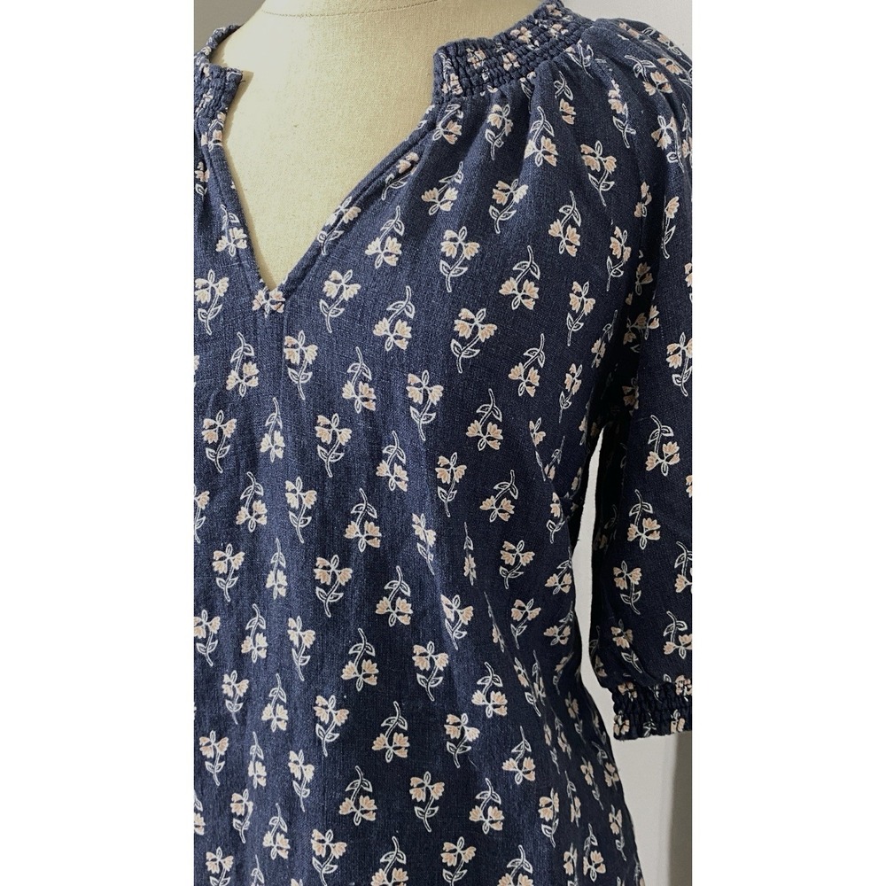 NWT Garnet‎ Hill Women's 100% Linen Floral Shift Dress Size 10 Navy Puff Sleeve - Picture 4 of 9